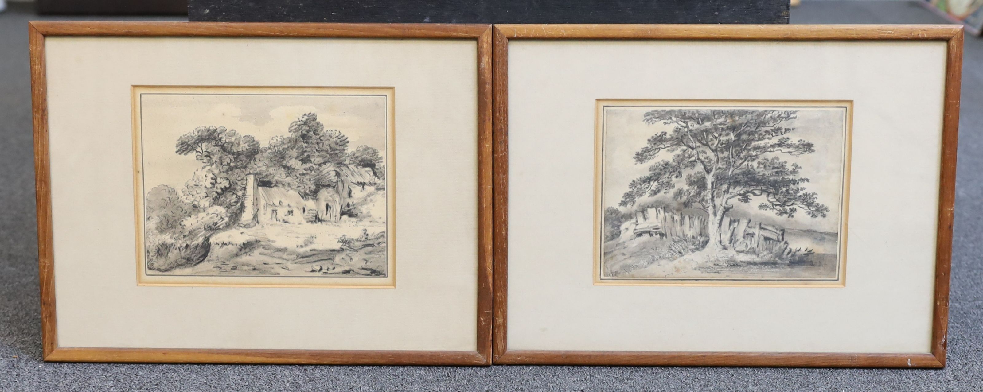 Dr Thomas Munro (1759-1833), Cottage and trees in a landscape and Tree and fence in a landscape, charcoal and wash, a pair, 15 x 20cm and 15.5 x 21cm